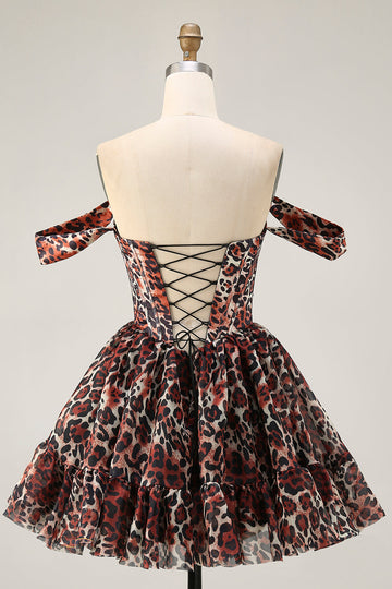 Khaki Leopard Off the Shoulder Corset A Line Mini Cocktail Dress